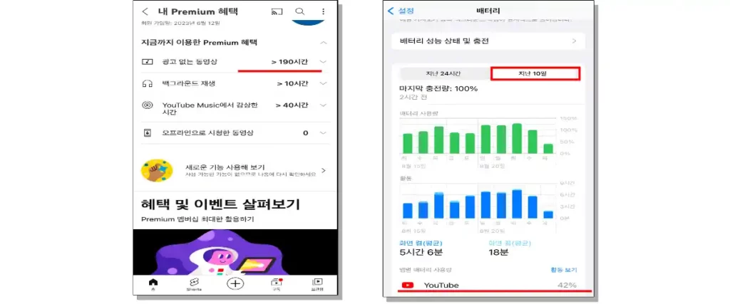 유튜브-프리미엄 사용하면서 많은 시간을 유튜브 앱에 보내고 있다를 보여주는 그래프
