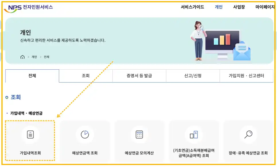 국민연금 납부액 조회를 위한 가입내역조회 메뉴를 가르키고 있다.