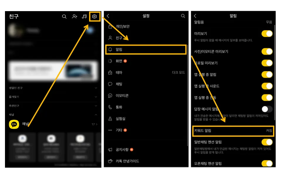 카카오톡 키워드 알림 설정 방법을 알려주기 위해 카카오톡 메뉴 이미지를 3개 붙여 보여주고 있다.