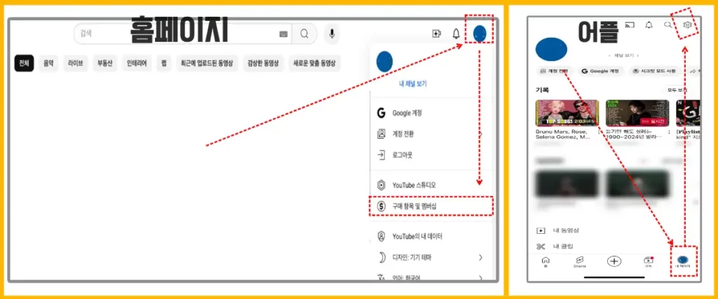 유튜브 결제수단 변경 방법을 알려주기 위해 구매 항목 및 멤버십 메뉴 찾는 이미지를 보여주고 있다.