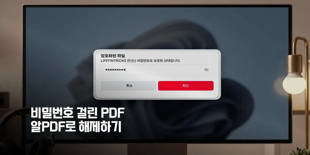 모니터 화면에 PDF 암호 입력 창이 보여지고 있다. 알 PDF로 암호해제하는 것을 암시하고 있다.