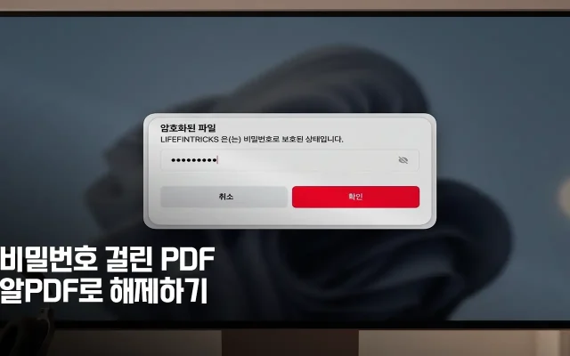 모니터 화면에 PDF 암호 입력 창이 보여지고 있다. 알 PDF로 암호해제하는 것을 암시하고 있다.